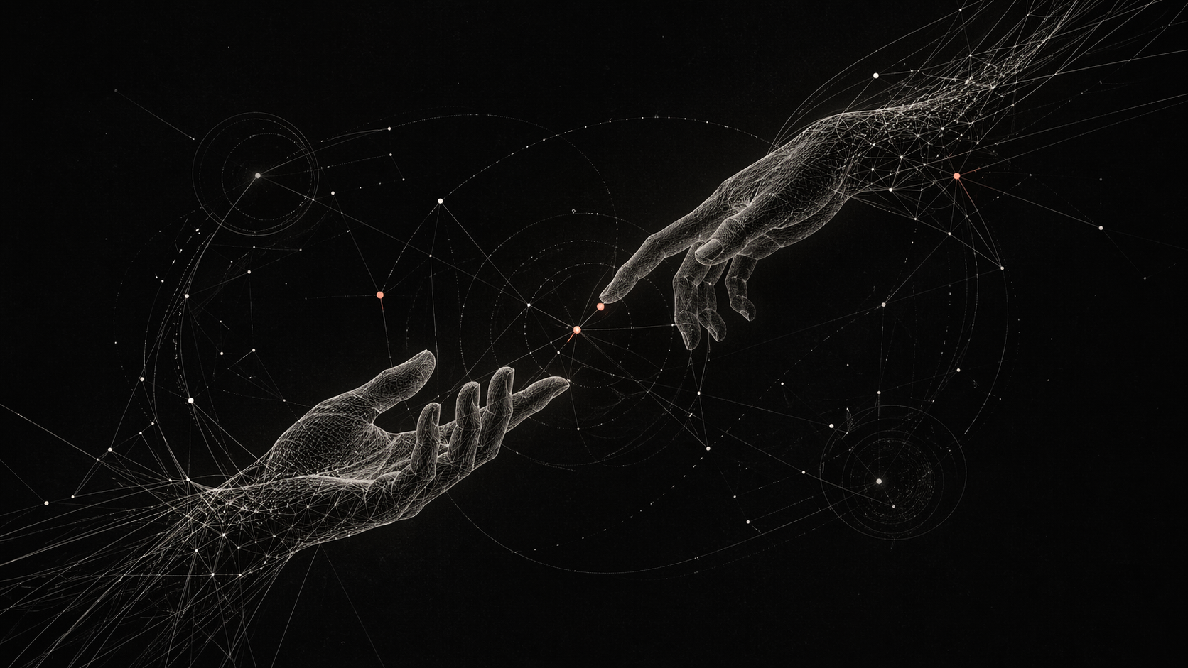 Wireframe human hands connecting across a dark signal field.