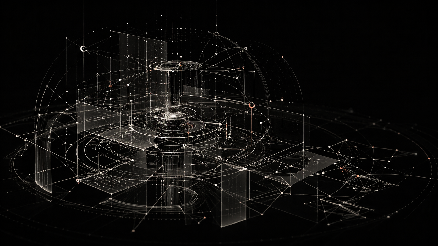 Suspended monochrome topology of firm-specific intelligence paths and nodes.